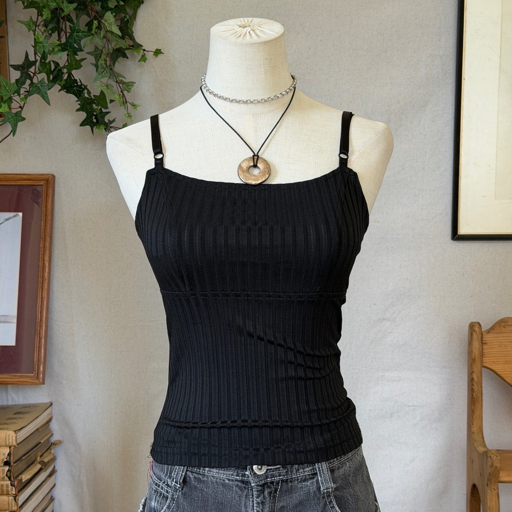 Black Ribbed Cami Tank Top Minimalist 90s Vintage Small Girly Grunge